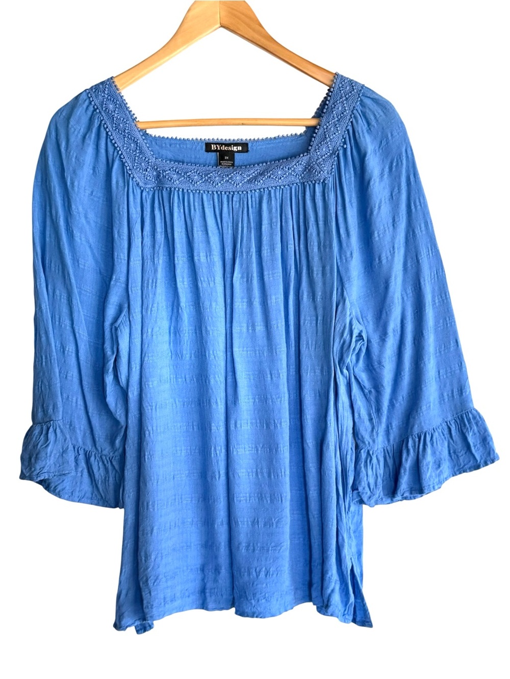 ByDesign blue peasant blouse with a square neck and crochet trim 1X